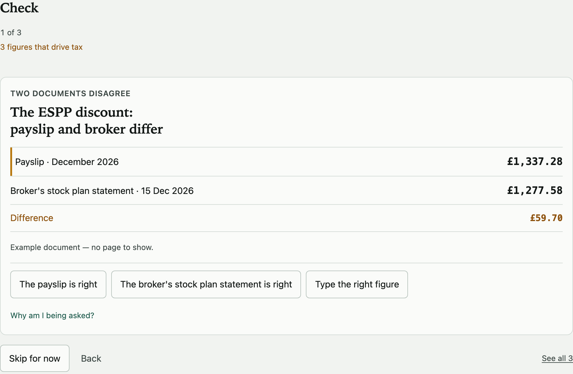 One question from the Check screen: two documents disagree about the ESPP discount, the payslip's figure and the broker's shown side by side, with three plain choices