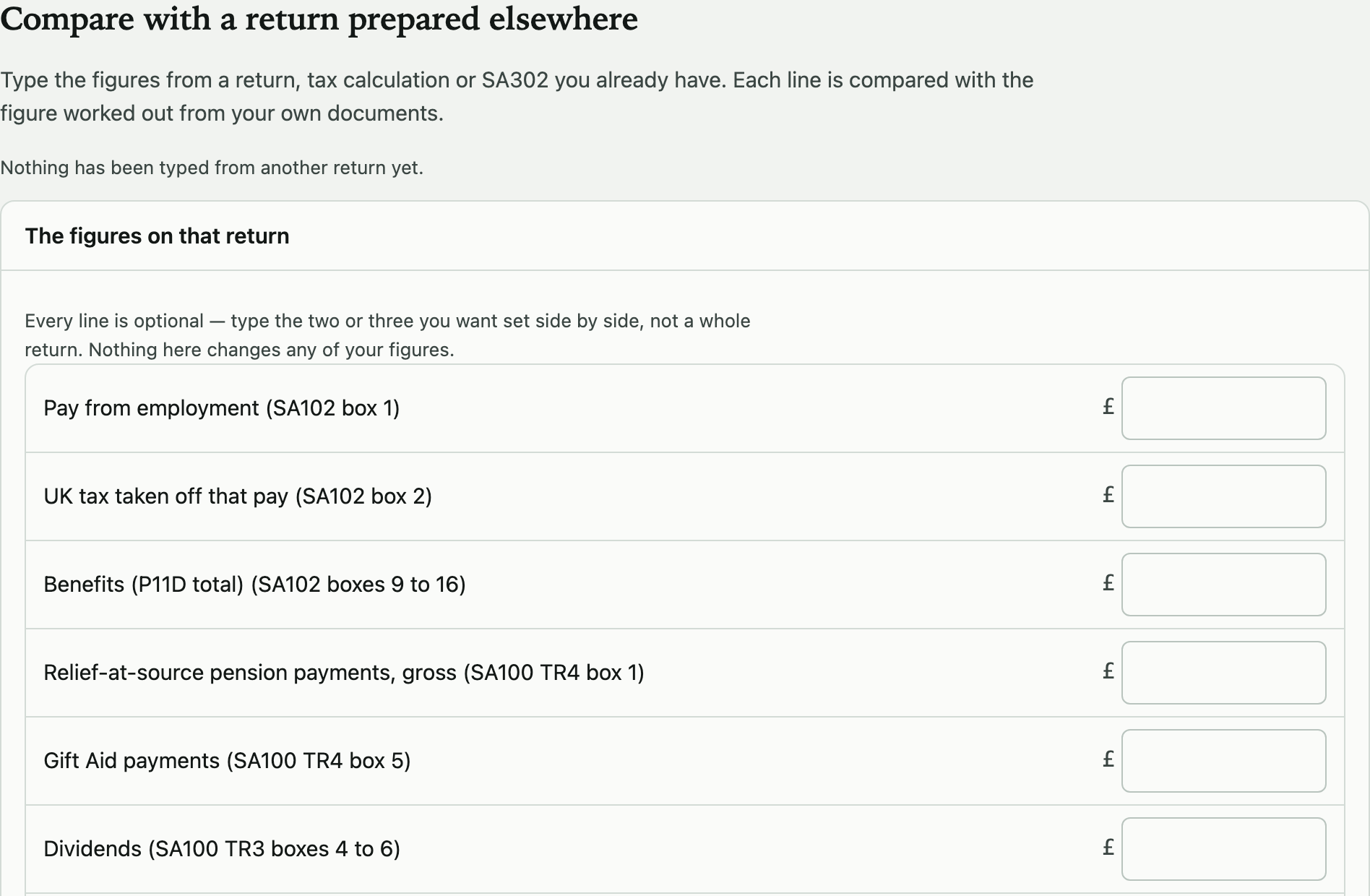 The comparison screen: figures typed off a return prepared elsewhere beside the ones these documents come to, with the differences marked