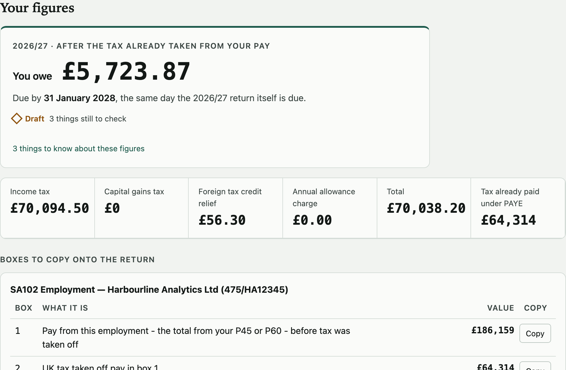 The figures screen: the balance owed at the top, then the Self Assessment boxes to copy onto the return, each with a copy button